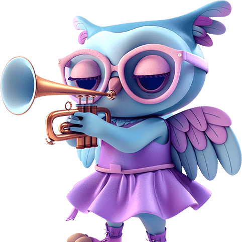 A cute owl character playing a trumpet