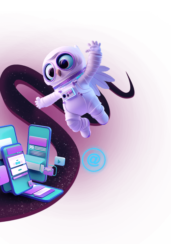 An owl character wearing an astronaut suit and floating in the space