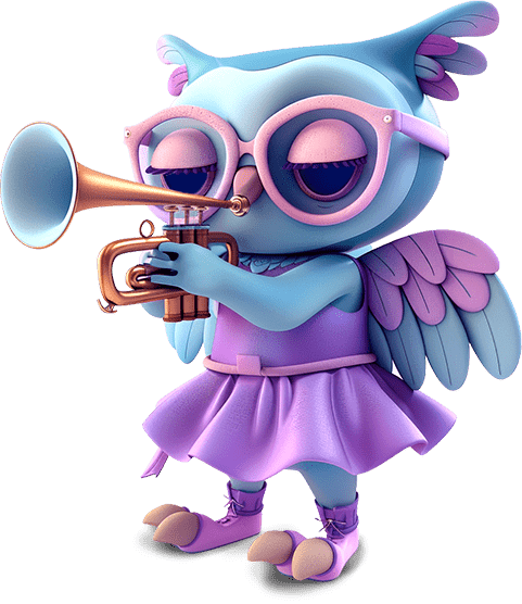 A cute owl character playing a trumpet