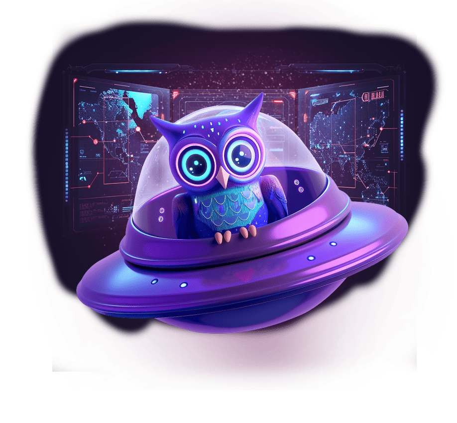 an alien owl sitting inside a spaceship and flying around a galaxy.